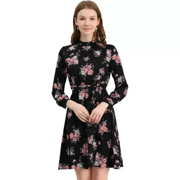 Allegra K Women's Mock Neck Swing Knee Length Long Sleeve A-line Floral Dress