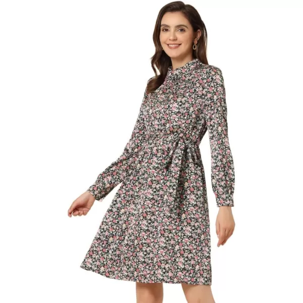 Allegra K Women's Mock Neck Swing Knee Length Long Sleeve A-line Floral Dress