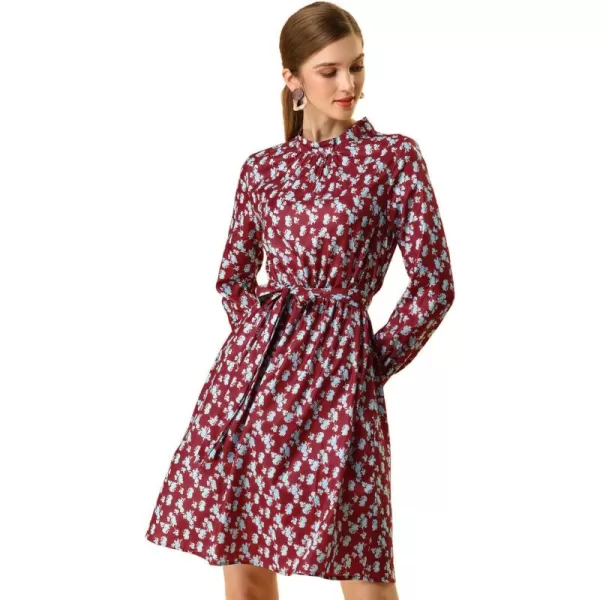 Allegra K Women's Mock Neck Swing Knee Length Long Sleeve A-line Floral Dress