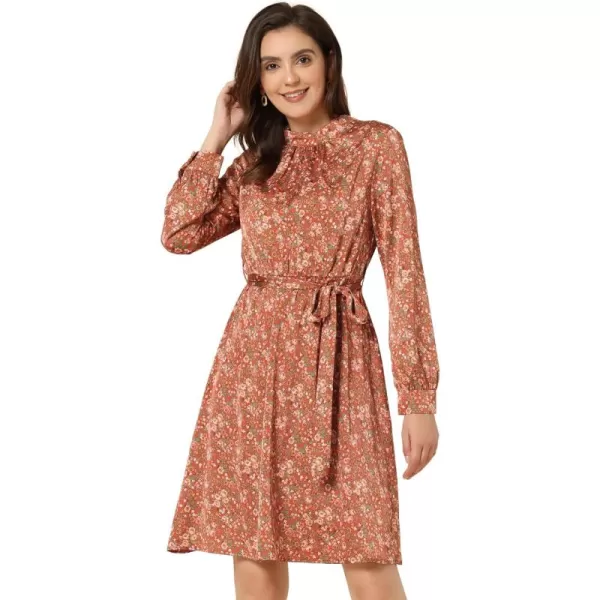 Allegra K Women's Mock Neck Swing Knee Length Long Sleeve A-line Floral Dress