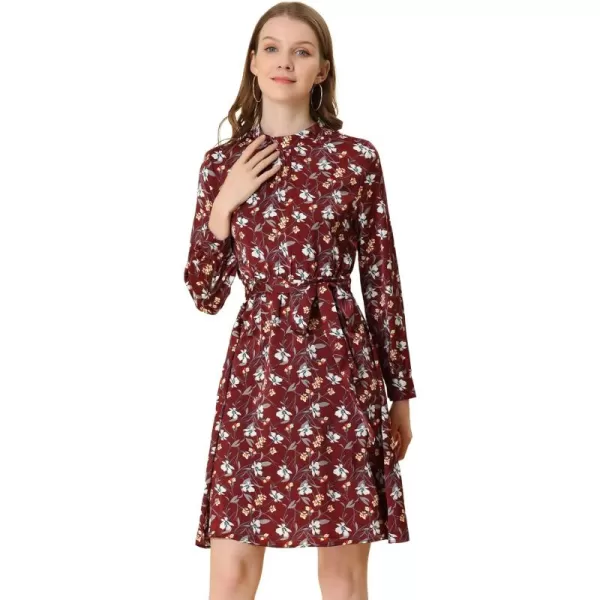 Allegra K Women's Mock Neck Swing Knee Length Long Sleeve A-line Floral Dress