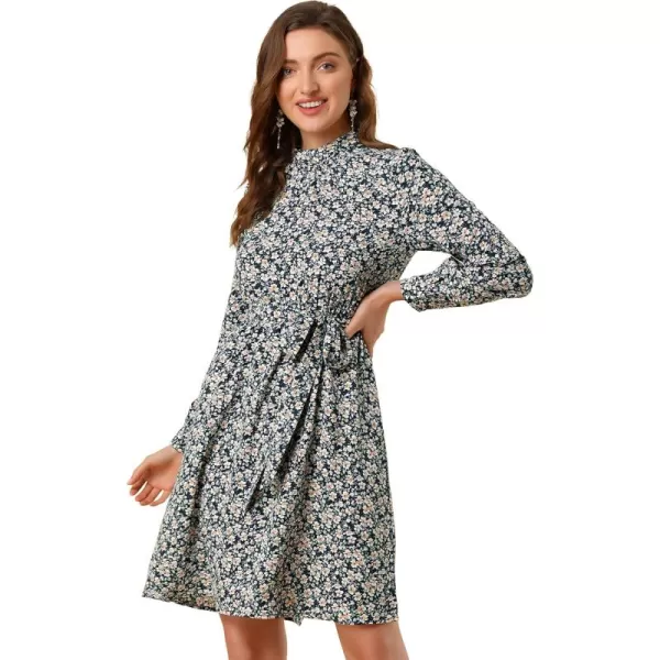 Allegra K Women's Mock Neck Swing Knee Length Long Sleeve A-line Floral Dress