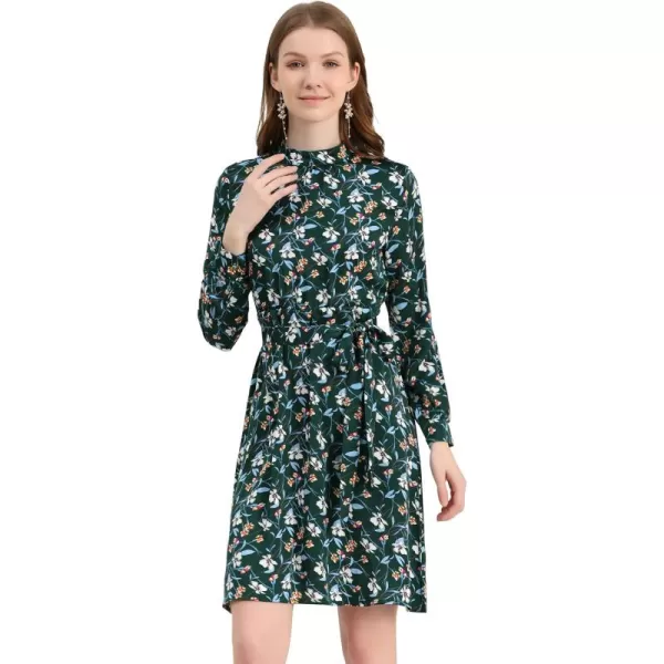 Allegra K Women's Mock Neck Swing Knee Length Long Sleeve A-line Floral Dress