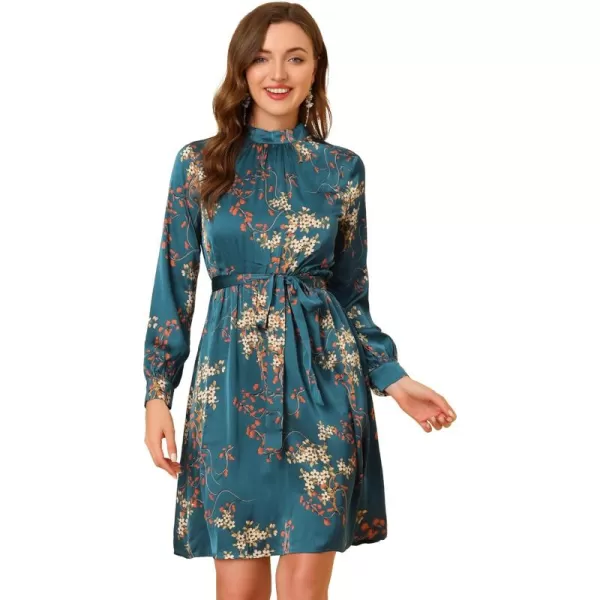 Allegra K Women's Mock Neck Swing Knee Length Long Sleeve A-line Floral Dress