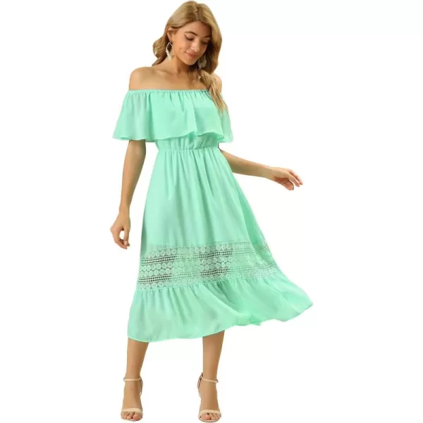 Allegra K Women's Off The Shoulder Ruffle Sleeve Lace Insert Beach Chiffon Midi Dress