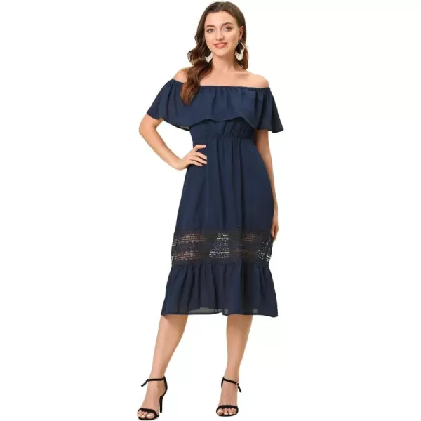 Allegra K Women's Off The Shoulder Ruffle Sleeve Lace Insert Beach Chiffon Midi Dress