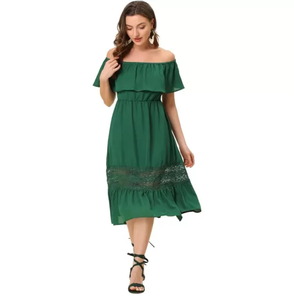 Allegra K Women's Off The Shoulder Ruffle Sleeve Lace Insert Beach Chiffon Midi Dress