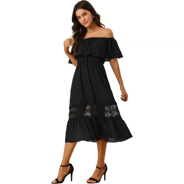 Allegra K Women's Off The Shoulder Ruffle Sleeve Lace Insert Beach Chiffon Midi Dress