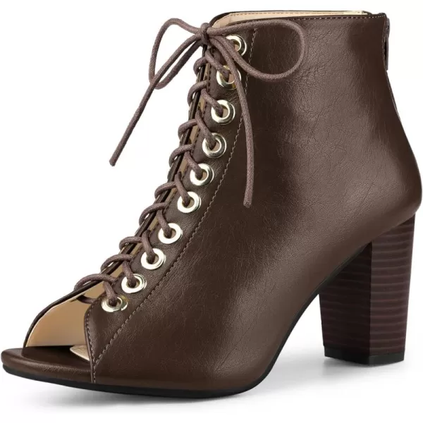 Allegra K Women's Peep Toe Lace Up Chunky Heeled Ankle Booties