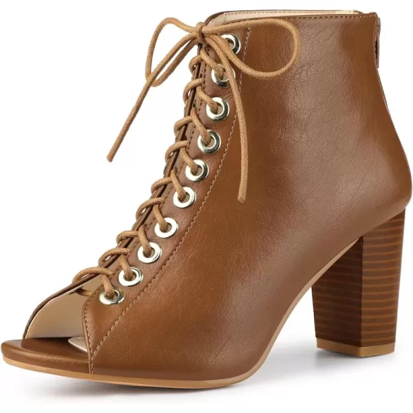 Allegra K Women's Peep Toe Lace Up Chunky Heeled Ankle Booties