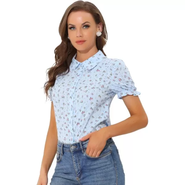 Allegra K Women's Peter Pan Blouse Frilled Short Sleeve Floral Cotton Top