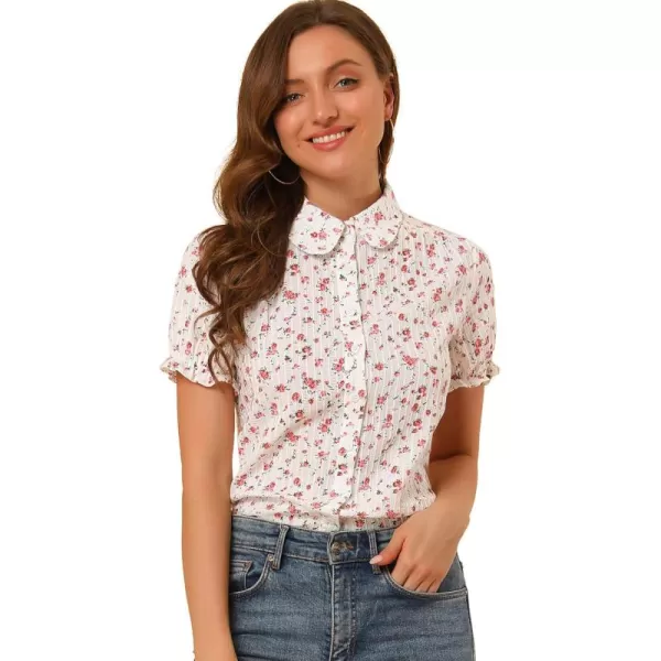 Allegra K Women's Peter Pan Blouse Frilled Short Sleeve Floral Cotton Top