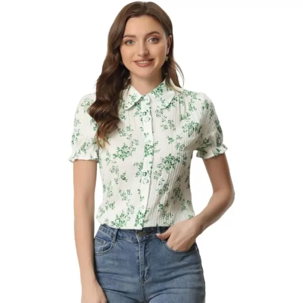 Allegra K Women's Peter Pan Blouse Frilled Short Sleeve Floral Cotton Top