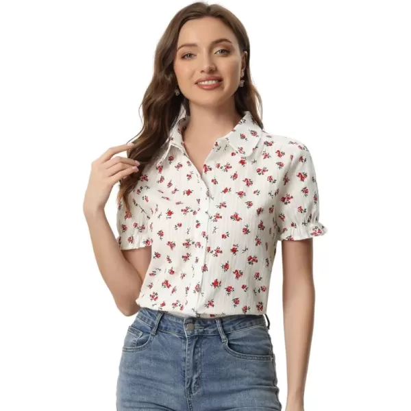 Allegra K Women's Peter Pan Blouse Frilled Short Sleeve Floral Cotton Top