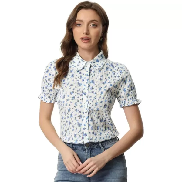 Allegra K Women's Peter Pan Blouse Frilled Short Sleeve Floral Cotton Top