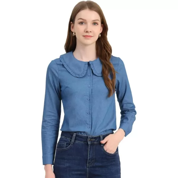 Allegra K Women's Peter Pan Collar Ruffled Button Down Denim Shirt