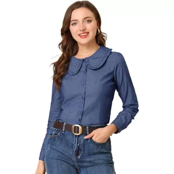 Allegra K Women's Peter Pan Collar Ruffled Button Down Denim Shirt