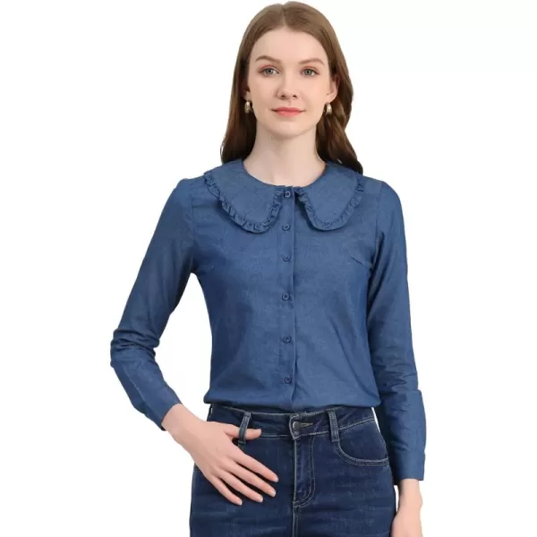 Allegra K Women's Peter Pan Collar Ruffled Button Down Denim Shirt