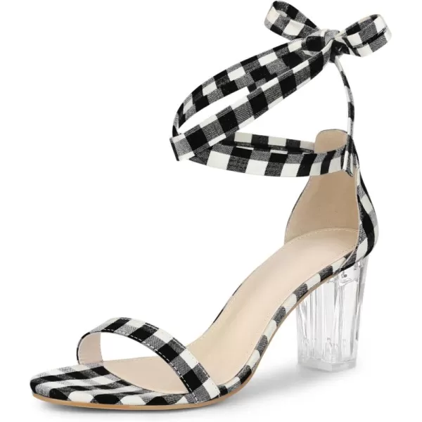 Allegra K Women's Plaid Heel Lace Up Clear Chunky Heels Sandals