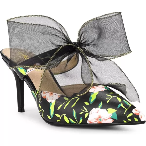 Allegra K Women's Pointed Toe Lace Bow Floral Printed Stiletto Heels Mules