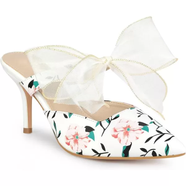 Allegra K Women's Pointed Toe Lace Bow Floral Printed Stiletto Heels Mules