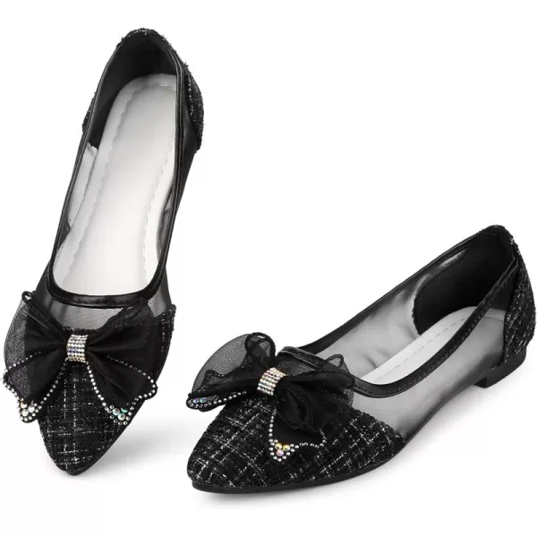 Allegra K Women's Pointed Toe Rhinestone Bow Slip on Mesh Ballet Flats