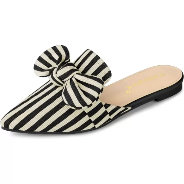 Allegra K Women's Pointed Toe Slip on Flat Stripe Bow Slides Mules