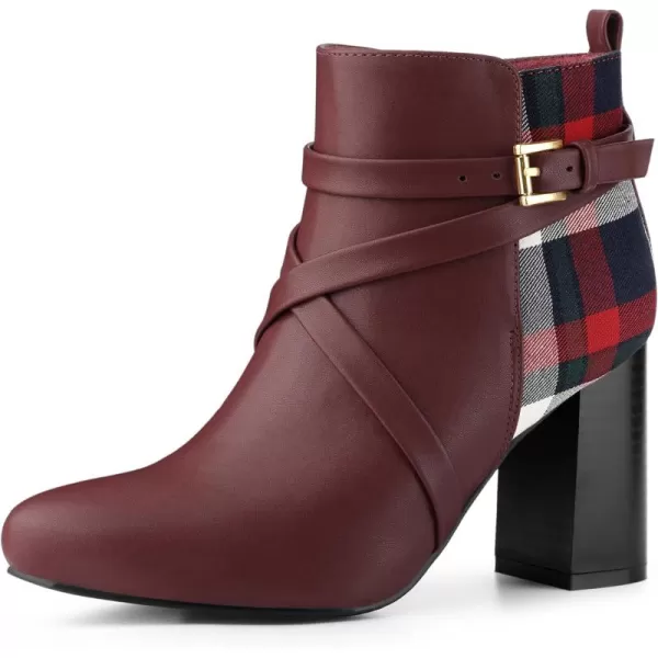 Allegra K Women's Pointy Toe Plaid Crisscross Strap Buckle Chunky Heels Ankle Booties