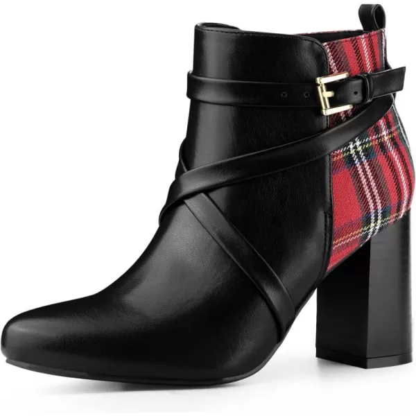 Allegra K Women's Pointy Toe Plaid Crisscross Strap Buckle Chunky Heels Ankle Booties