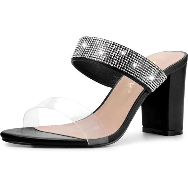 Allegra K Women's Rhinestones Heel Dual Clear Strap Chunky Heels Slide Sandals