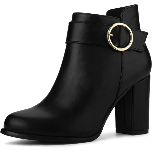 Allegra K Women's Round Toe Circle Buckle Chunky Heels Ankle Boots