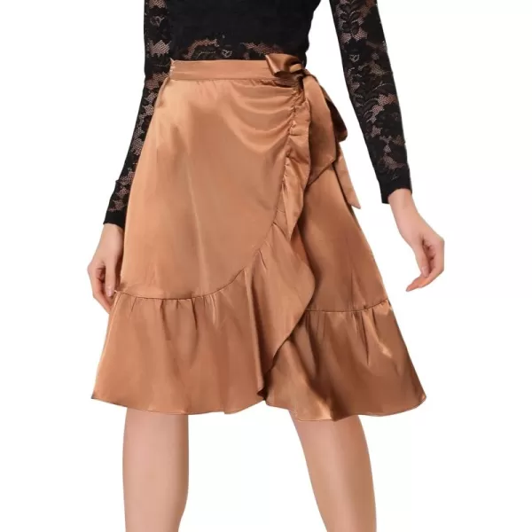 Allegra K Women's Ruffle Satin High Waist Tie Wrap Asymmetrical Midi Skirt