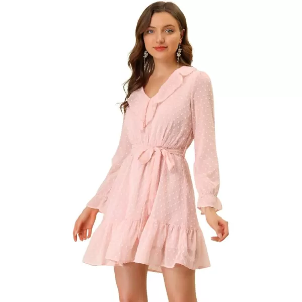 Allegra K Women's Ruffle V Neck Pom Pom Belted A-Line Valentine's Day Chiffon Dress