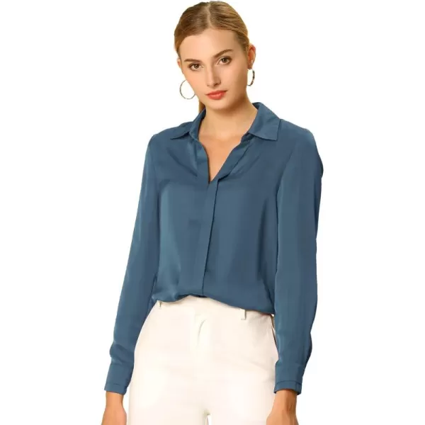 Allegra K Women's Satin Blouse Elegant V Neck Long Sleeve Silky Office Work Shirt