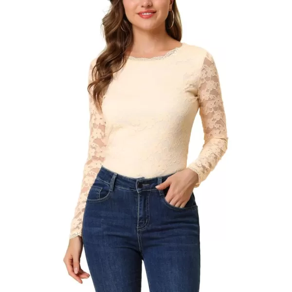 Allegra K Women's Sheer Long Sleeves Flower Embroidery Lace Top