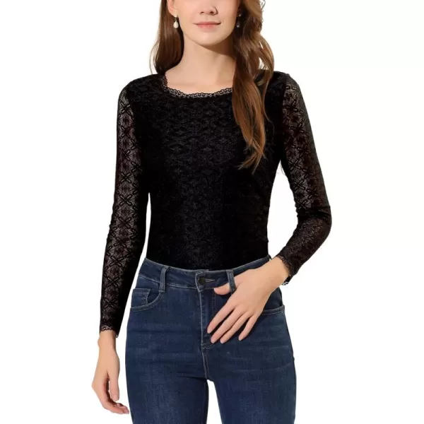 Allegra K Women's Sheer Long Sleeves Flower Embroidery Lace Top