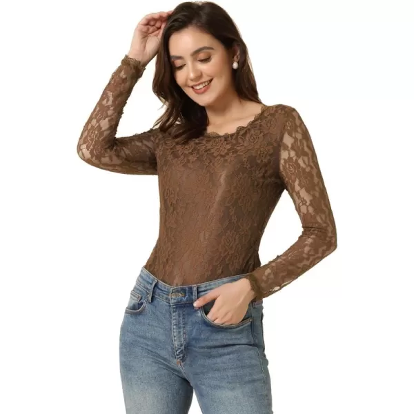 Allegra K Women's Sheer Long Sleeves Flower Embroidery Lace Top