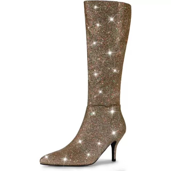 Allegra K Women's Sparkle Glitter Pointy Toe Stiletto Heel Knee High Boots