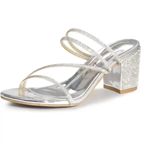 Allegra K Women's Strappy Rhinestone Block Heel Slide Sandals