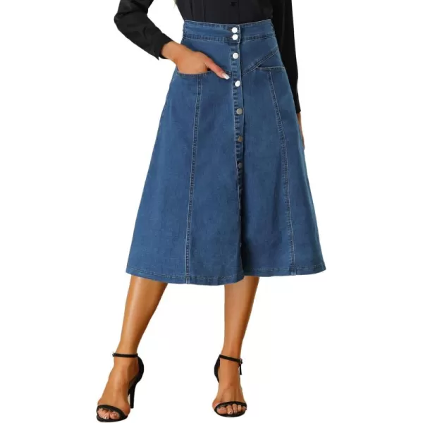 Allegra K Womens' Stretchy High Waist Buttons Front A-Line Flowy Midi Skirts with Pockets