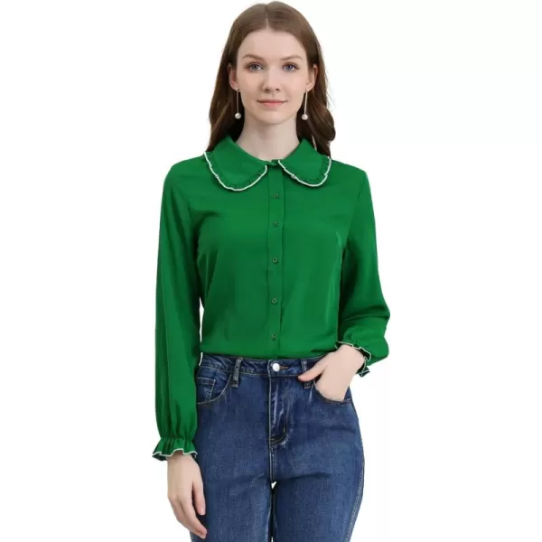 Allegra K Women's Sweet Ruffle Peter Pan Collar Long Sleeves Button Up Shirt