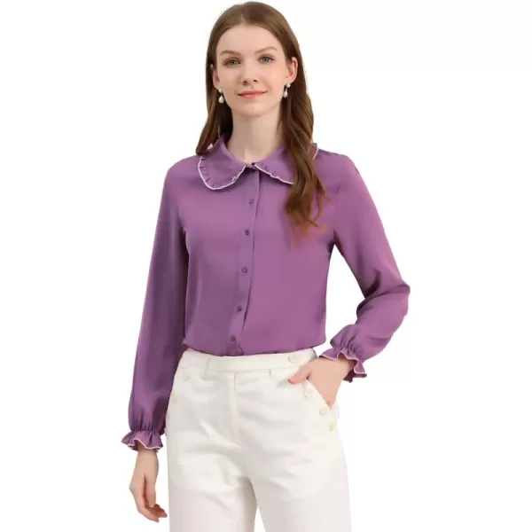 Allegra K Women's Sweet Ruffle Peter Pan Collar Long Sleeves Button Up Shirt