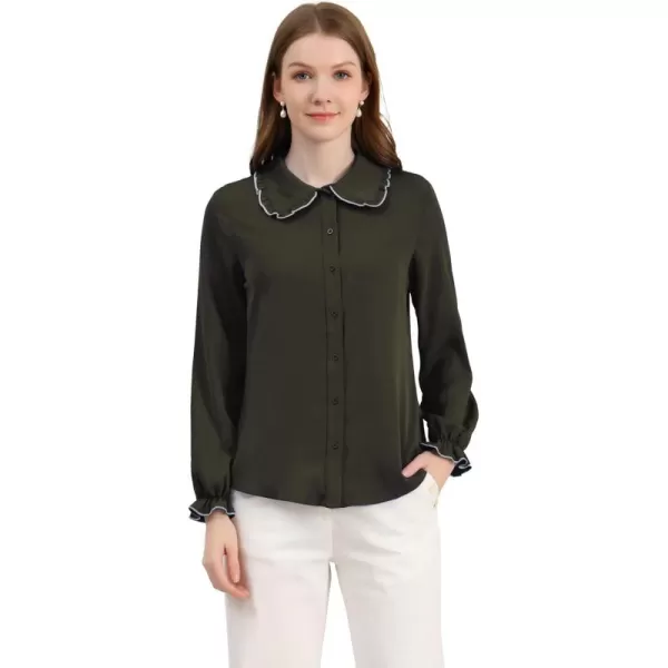 Allegra K Women's Sweet Ruffle Peter Pan Collar Long Sleeves Button Up Shirt