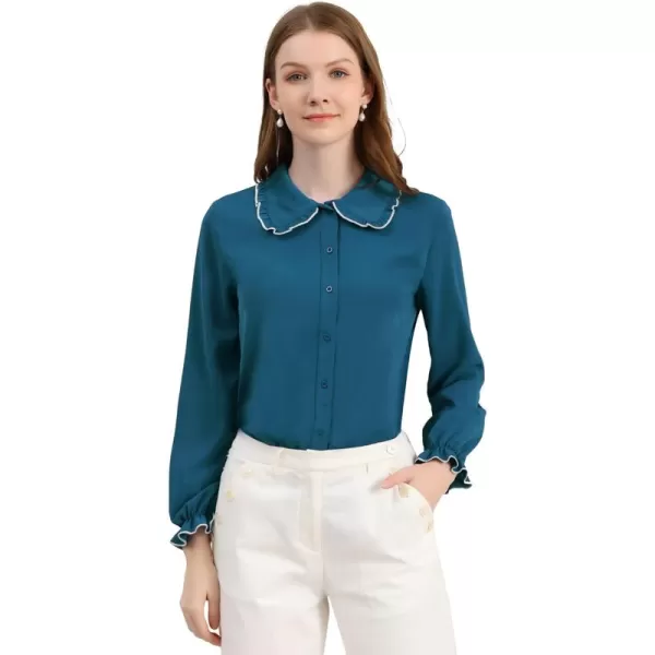 Allegra K Women's Sweet Ruffle Peter Pan Collar Long Sleeves Button Up Shirt