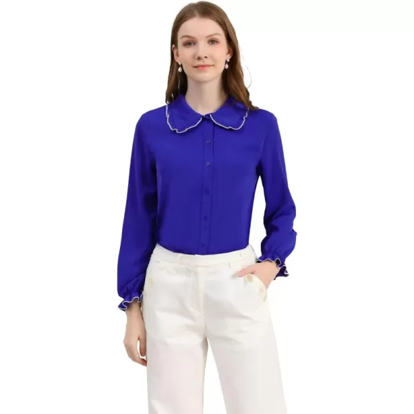 Allegra K Women's Sweet Ruffle Peter Pan Collar Long Sleeves Button Up Shirt