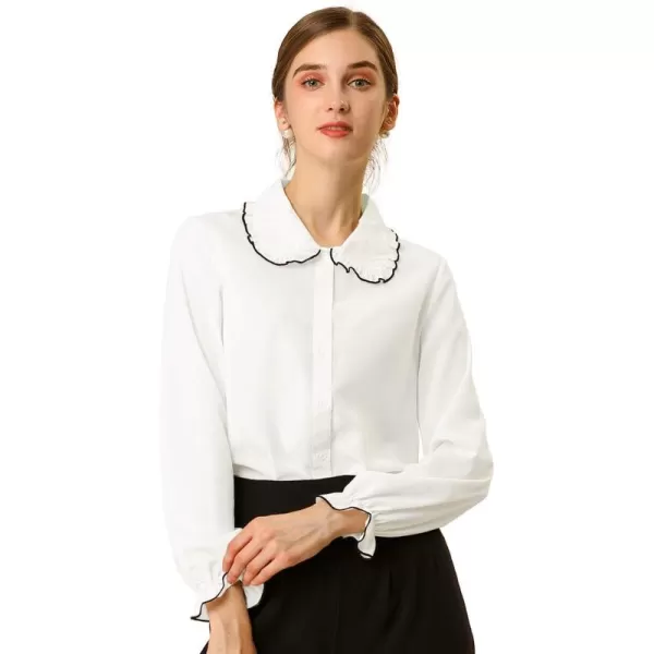 Allegra K Women's Sweet Ruffle Peter Pan Collar Long Sleeves Button Up Shirt