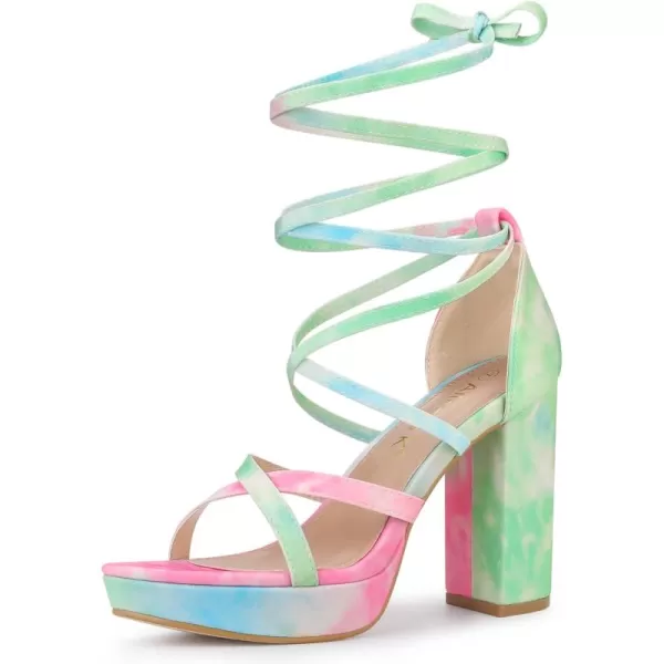 Allegra K Women's Tie Dye Platform Chunky Heel Lace Up Sandals