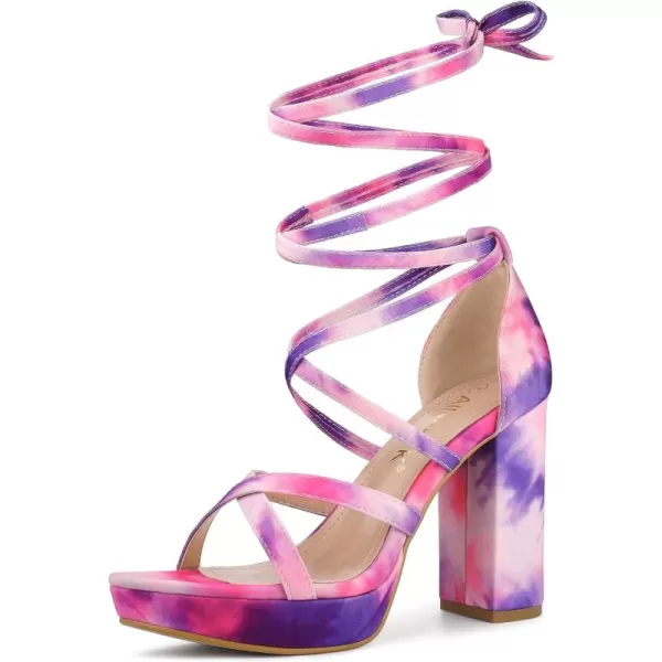 Allegra K Women's Tie Dye Platform Chunky Heel Lace Up Sandals