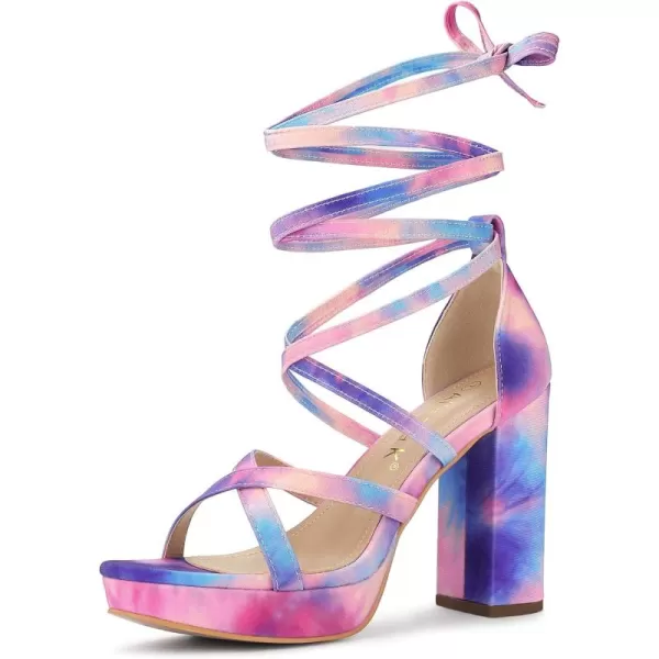 Allegra K Women's Tie Dye Platform Chunky Heel Lace Up Sandals