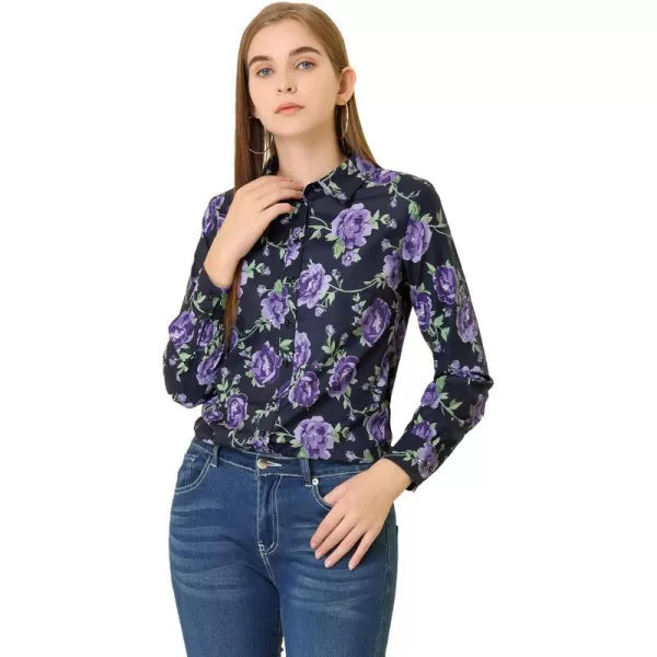 Allegra K Women's Tropical Print Blouse Lapel Collar Long Sleeve Elegant Button Down Shirt